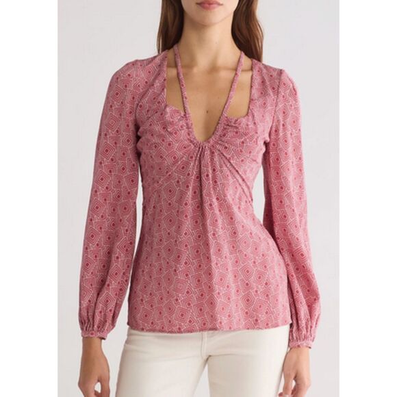 NWT Equipment Femme Arden 100% Silk Geometric Print Blouse in Earth Red Size 6 - Picture 2 of 14